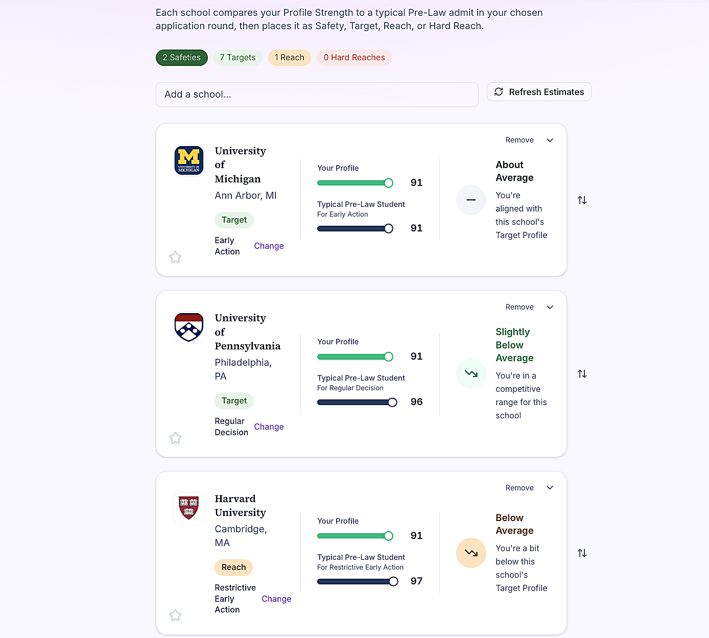 KOVAIA college list with projected acceptance rates, profile comparisons, and Safety Target Reach categories